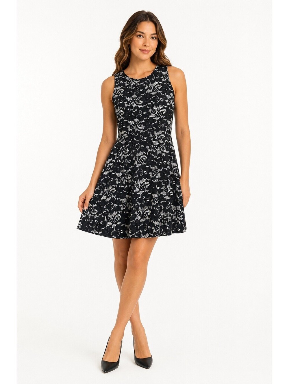 Leota Black White Lace Print Fit & Flare Sleeveless Dress XL Made in USA